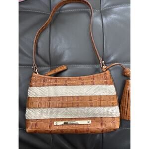Brahmin Tote Bag Womens Brown Croc Embossed Leather Woven Straw Shoulder Tassel